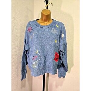 NWT Frayed Moon Celestial Cosmic Stars Mystical Whimsy Blue Sweater Womens Small